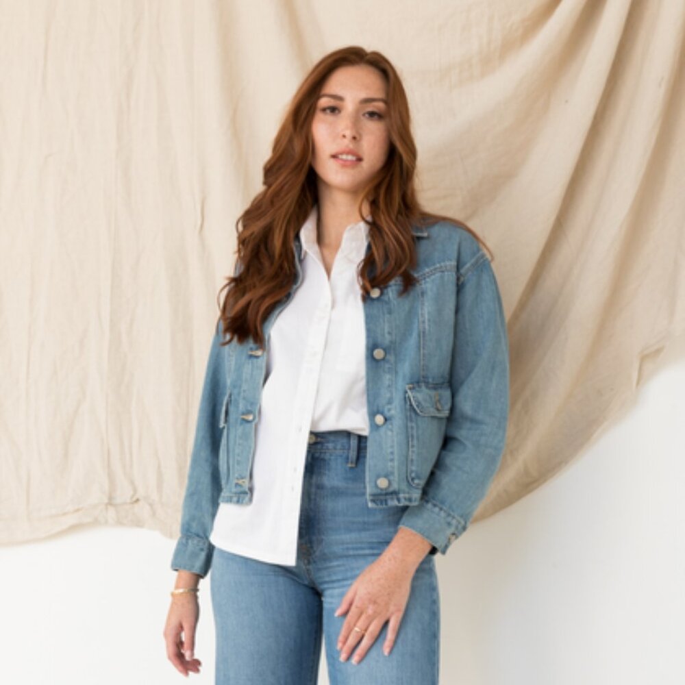 Able Aspen Cropped Denim Jacket Sky Blue Wash Womens XL Spring Travel Staple
